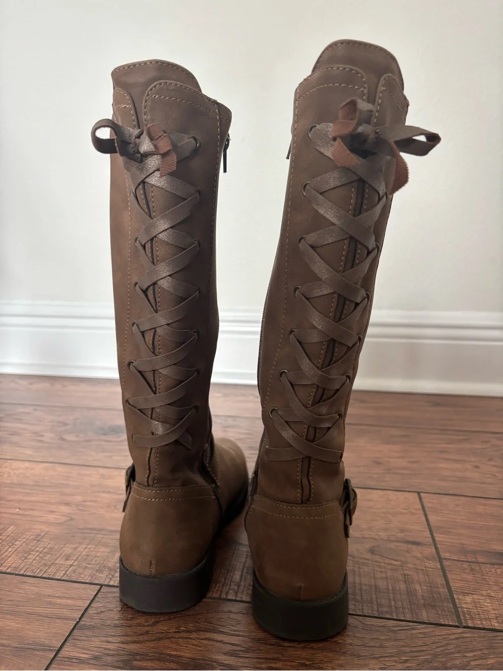 Girls Brown Faux Suede Knee-High Lace-Up Boots – Buckle Detail - Size 3